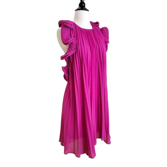 Amur Mimi Mini Dress Pleated Pink Magenta Peacock Chiffon Halter Ruffles 12 - Picture 3 of 15
